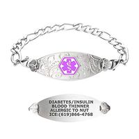 Divoti Custom Engraved Medical Alert Bracelets for Women, Stainless Steel Medical Bracelet, Medical ID Bracelet w/Free Engraving – Lovely Filigree Tag w/Figaro-Purple-8.5"