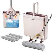 PVA Sponge Roller Mop and Bucket Set Self Wringing with 3 Super Absorbent Sponge Heads Refills with Long Handle for Hardwood Laminate Tile Marble Ceramic Vinyl Floors Both Dry Wet Use