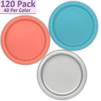120 Paper Dessert Plates (7") - Aqua, Coral, Silver - 40 Per Color, 3 Colors - Great Assortment for Birthday Parties, Weddings, Holidays, Baby Shower, Celebrations, and more