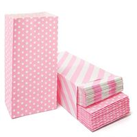 50 CT Mini Paper Bags Pink Party Favor Bags for Kids Birthday Party Baby Shower Wedding Supplies by ADIDO EVA (Polka dot and Striped 3.5×2.3×7 in)