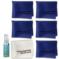 Cleaning Cloth Direct | 6 Pack Microfiber Cleaning Cloth Bundle with 1 oz Lens Cleaner Spray | Safe on Coated Lenses & Blue Light Blocker Eyeglasses Glasses Phone Camera | Large (5 Blue + 1 White)