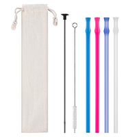 Reusable Collapsible Silicone Drinking Straws, 4 Pieces Extra long Flexible Bendy Straw, BPA Free Big Size Straw with Cleaning Brushes and Portable Bag, 30oz and 20oz Tumblers Compatible for Travel