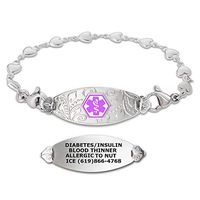 Divoti Custom Engraved Medical Alert Bracelets for Women, Stainless Steel Medical Bracelet, Medical ID Bracelet w/Free Engraving – Lovely Filigree Tag w/Heart Link-Purple-6.5"