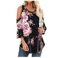Meikosks Women's 3/4 Sleeve Cold Shoulder T Shirt Floral Print Blouses Loose Tops Splice Pullover Black