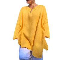 general3 Women Casual Solid Long Sleeve V-Neck Sunscreen Shirt Tops Linen Loose Tunic Blouse(Yellow,Large)