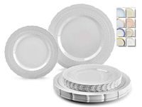 " OCCASIONS" 50 Plates Pack (25 Guests)-Extra Heavyweight Vintage Wedding Disposable/Reusable Plastic Plates -25x11'' Dinner + 25x8.25'' Salad/dessert (Chateau Collection Light Gray)