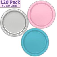 120 Paper Dessert Plates (7") - Light Pink, Silver, Aqua - 40 Per Color, 3 Colors - Great Assortment for Birthday Parties, Weddings, Holidays, Baby Shower, Celebrations, and more