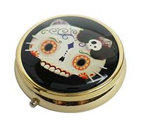 XingBoo Custom New Hot Round Medicine Tablet Pocket Travel Gold Pill Case Vitamin Glass Decorative Box (Sugar Skull Cat)