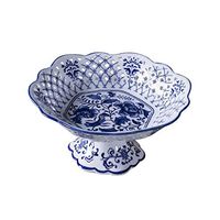 Bowl Bowls Dishware Blue And White Ceramic Bowl, High-foot Hollow Household Large Living Room Decoration Coffee Table Snack Fruit Bowl Cake Dried Fruit Snack Plate, Size [8in.10in, 12in] for kitc Hote