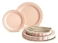 " OCCASIONS" 150pcs set (25 Guests)-Vintage Wedding Plastic Plates & cutlery -Disposable Dinnerware 10'', 7.5'' + Silverware w/double fork (Verona Blush)