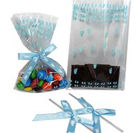 Weststone Bags and Bows - 25pcs 5"x 8" Blue Footprints Bags and Ribbon Bows for Boy Baby Shower Party