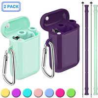 Henva 2 Pack Reusable Collapsible Straws for Kids Adult, BPA Free and Food-Grade Silicone Drinking Straws with Portable Case and Cleaning Brush for Juice, Coffee and Smoothie, Violet/OceanBlue