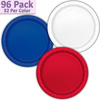 96 Paper Dinner Plates (9") - White, Royal Blue, Red - 32 Per Color, 3 Colors - Great Assortment for Birthday Parties, Weddings, Holidays, Baby Shower, Celebrations, and more