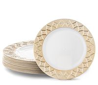 VINTAGE PLASTIC PARTY DISPOSABLE PLATES | 9 Inch Hard Round Wedding Plates for Dinner/Lunch | White/Gold Rim, 20 Pack | Elegant Fancy Heavy Duty Party Supplies Plates for Holidays & Occasions