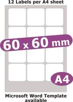 Minilabel 60X60mm Square, 60 Labels, Matt Paper, 5 A4 Sheets, Laser Copier Inkjet Stickers