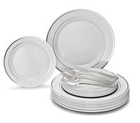 " OCCASIONS" 150pcs set (25 Guests)-Wedding Plastic Plates & cutlery -Disposable heavyweight Dinnerware 10.5'', 7.5'' + Silverware w/double fork (White & Silver Rim)