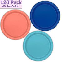 120 Paper Dessert Plates (7") - Royal Blue, Coral, Aqua - 40 Per Color, 3 Colors - Great Assortment for Birthday Parties, Weddings, Holidays, Baby Shower, Celebrations, and more