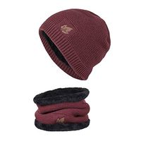 Theoylos Men's 2-Pieces Knit Hat Scarf Set Warm Beanie Hat Men Thicker Hairball Hat Winter Fleece Lined Skull Cap Red