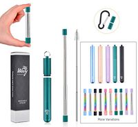 Wavy Pavement - Midnight Green - Silver Straw - Reusable Collapsible Metal Stainless Steel Drinking Straw With Case, 2 Silicone Tips, Keyring, Carabiner, Cleaning Brush, Folding, Portable-Eco Friendly