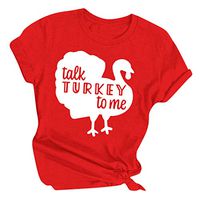 QIUUE Unisex Thanksful Turkey Letter Printed Tunic O-Neck Short Sleeve T-Shirts Tops Lightweight Sweatshirt Pullover S~3XL Red