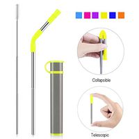 Reusable Collapsible Straw, Portable Stainless Steel Drinking Straw with Case, Straw Tip and Cleaning Brush for Travel, Party, Outdoor and Home Use (Grey Case Yellow Tip)