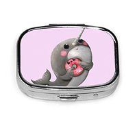 Pill Organizer Box Metal Pill Container Portable Vitamin Medicine Case for Pocket,Purse,Daily Needs and Travelling -Cute Narwhal with Donut
