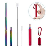 HJYuan Portable Collapsible Reusable Straws | Rainbow Metal Straw | Telescopic Stainless Steel Travel Drinking Straws and Aluminum Case | Cleaning Brush & Keychain (Red Case)