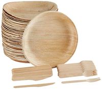 Eco-Friendly Disposable Dinnerware Set of 150 Party Supplies: Large 10" Palm Leaf Plates (50), Wooden Forks(50) & Knives (50) - Natural, Compostable (Round)
