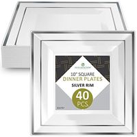 Disposable Plastic Dinner Plates - 40 Pack Hard Square 10” Plate with Elegant Silver Double Trim for Wedding, Birthday, and Party - by Elite Selection