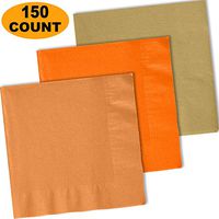 150 Lunch Napkins, Autumn Orange, Pumpkin Orange, Glittering Gold - 50 Each Color. 2 Ply Paper Dinner Napkins. 6.5" folded, 13.5" unfolded.
