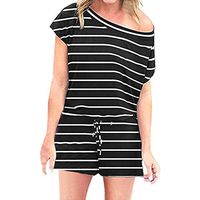 TOPUNDER Women's Summer Jumpsuit Short Sleeve Striped Rompers Short Pant Playsuit