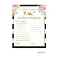 Andaz Press Floral Gold Glitter Print Wedding Collection, How Well Do You Know The Bride? Bridal Shower Game Cards, 20-Pack