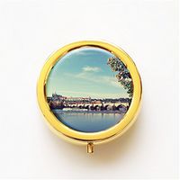 RhyNSky Prague Vltava Mini Portable Pocket Pill Box Case Holder for Purse, 3 Compartments, Gold, FG626