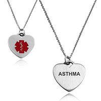 Tioneer Stainless Steel Heart Charm Medical Alert ID Pendant Necklace, Asthma