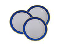7" Disposable Plastic Appetizer and Dessert Plates With Blue and Gold Trim - 40 Pack - 7 Inch Blue and Gold Rimmed Elegant China Like Wedding Dinnerware.