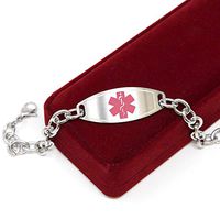 Medical Alert Bracelet for Women, Custom Engraved Medic ID, Steel 6mm O-Link Chain - Pink, Free ID Card | Wrist Size 8 Inch