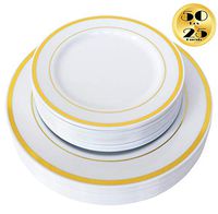 JL Prime 50 Piece Gold Plastic Plates for 25 Guests, Heavy Duty Reusable Disposable Plastic Plates with Gold Rim for Party and Wedding, 25 Dinner Plates, 25 Salad Plates