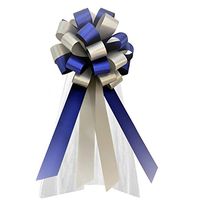 Royal Blue & Silver Pull Bows with Tulle Tails - 8" Wide, Set of 6, Wedding Pew Bows, Reception, Christmas, Birthday, Party, Anniversary, Baby Shower, Fundraiser, Classroom