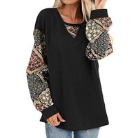 Sunhusing Women's Casual Round Neck Ethnic Style Small Floral Print Long Sleeve Lantern Sleeve Pullover Top(Black,M)