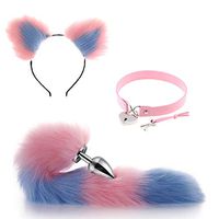 Cat Ears Headband Fluffy Faux Fox Tail Charms Role Play Costume Party Cosplay Prop with Love Lock Collar（ Pink and Blue）-S