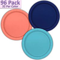 96 Paper Dinner Plates (9") - Navy Blue, Coral, Aqua - 32 Per Color, 3 Colors - Great Assortment for Birthday Parties, Weddings, Holidays, Baby Shower, Celebrations, and more