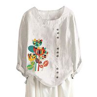 〓FEISI22〓 Women's Cotton Linen Blouse O Neck Tunic Tops Long Sleeve Shirt Clothing Casual Loose Collar Blouse Tops