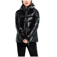 2019 New Womens Glossy Oversized Thicken Down Coats Winter Warm Outdoor Soft Long Sleeve Hooded Coats (Black, XXXL)