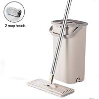 PLHMS Flat Squeeze Mop and Bucket, Hand-Free Wringing Floor Cleaning Mop Handwash Wet and Dry Use on Floor, with 2 Mop Pads Stainless Steel Handle