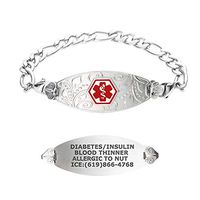 Divoti Custom Engraved Medical Alert Bracelets for Women, Stainless Steel Medical Bracelet, Medical ID Bracelet w/Free Engraving – Lovely Filigree Tag w/Figaro-Red-8.5"