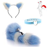 3Pcs Plush Cat Ear Headband Headpiece and Fox Tail Toys an-?l Pl-¨´g Kit Halloween Prom Nightclub Party Costume Cosplay Gift （Blue and White）-S