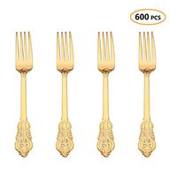 Plastic Gold Forks 600 Pcs - Heavyweight Disposable Dinner Forks Set - Heavy Duty Fancy Baroque Silverware - Bulk Party Cutlery Utensils Flatware Set For Wedding, Easter, Birthday & All Occasions