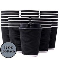 Disposable Coffee Cups with Lids 12 oz & Stirring Straws I Insulated To Go Paper Coffee Cups with lids for Hot Beverages I Eco-Friendly and Recyclable I 12 oz - 100 Pack - Black - by Tayfa