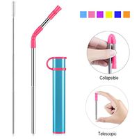 Reusable Collapsible Straw, Portable Stainless Steel Drinking Straw with Case, Straw Tip and Cleaning Brush for Travel, Party, Outdoor and Home Use (Blue Case Pink Tip)