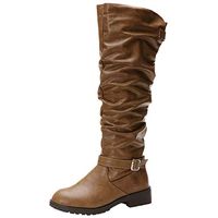 Women's Long Riding Boot,Ladies Side Zipper Solid Buckle Mid Heel Round Toe Leather Knee High Boot